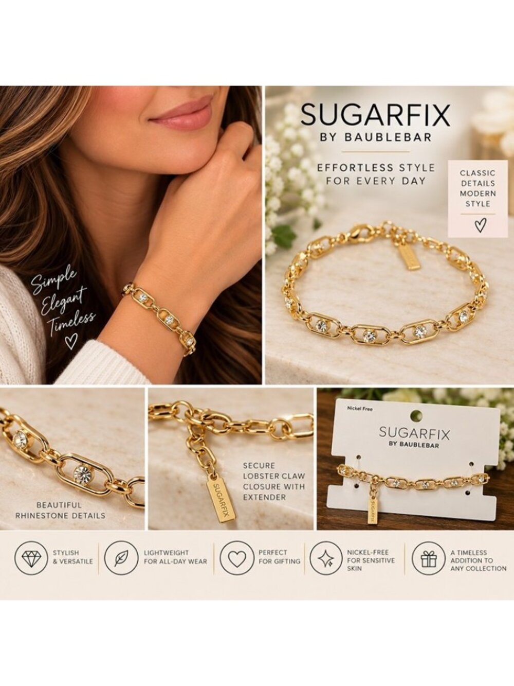 SUGARFIX by BaubleBar Crystal Link Chain Bracelet Gold Tone Rhinestone NWT